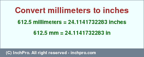 Result converting 612.5 millimeters to inches = 24.1141732283 inches