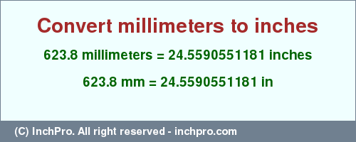Result converting 623.8 millimeters to inches = 24.5590551181 inches