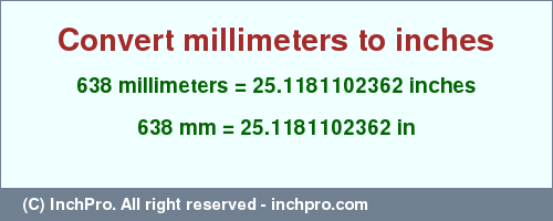 Result converting 638 millimeters to inches = 25.1181102362 inches