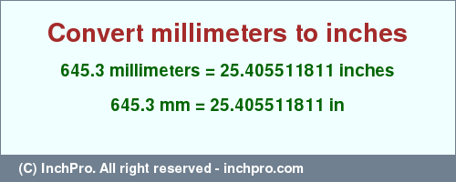 Result converting 645.3 millimeters to inches = 25.405511811 inches