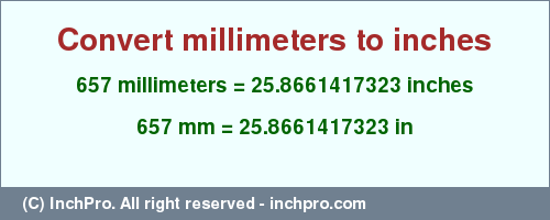 Result converting 657 millimeters to inches = 25.8661417323 inches