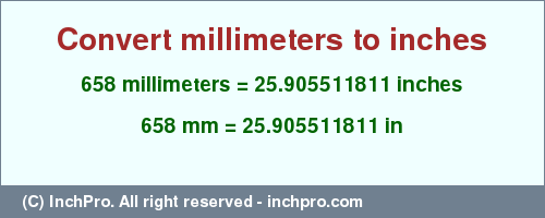 Result converting 658 millimeters to inches = 25.905511811 inches