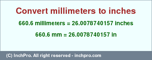 Result converting 660.6 millimeters to inches = 26.0078740157 inches