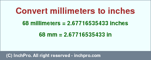 Result converting 68 millimeters to inches = 2.67716535433 inches