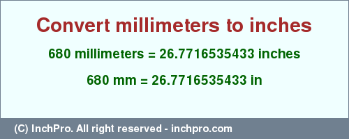 Result converting 680 millimeters to inches = 26.7716535433 inches