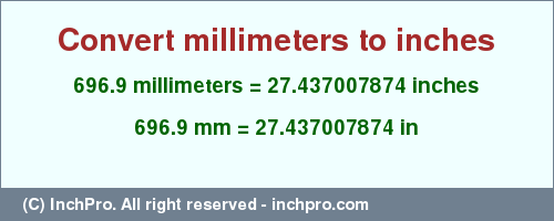Result converting 696.9 millimeters to inches = 27.437007874 inches