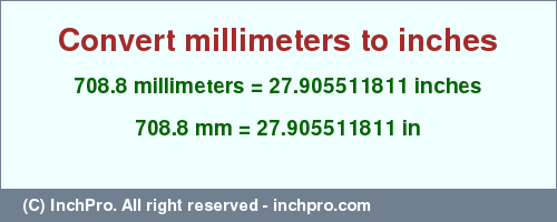 Result converting 708.8 millimeters to inches = 27.905511811 inches