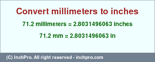 Result converting 71.2 millimeters to inches = 2.8031496063 inches