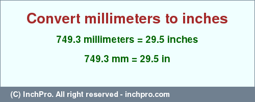 Result converting 749.3 millimeters to inches = 29.5 inches