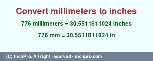 Result converting 776 millimeters to inches = 30.5511811024 inches