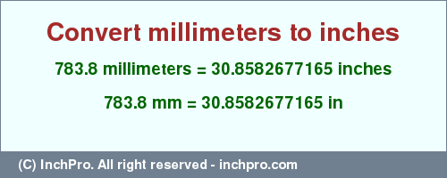 Result converting 783.8 millimeters to inches = 30.8582677165 inches