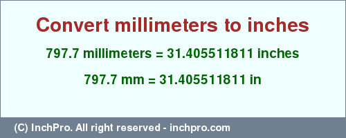 Result converting 797.7 millimeters to inches = 31.405511811 inches