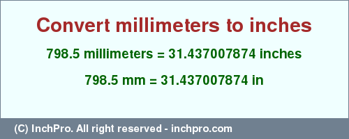 Result converting 798.5 millimeters to inches = 31.437007874 inches
