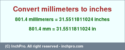 Result converting 801.4 millimeters to inches = 31.5511811024 inches
