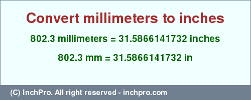 Result converting 802.3 millimeters to inches = 31.5866141732 inches
