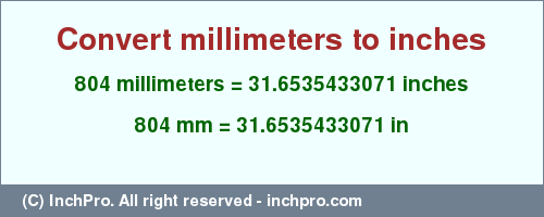 Result converting 804 millimeters to inches = 31.6535433071 inches