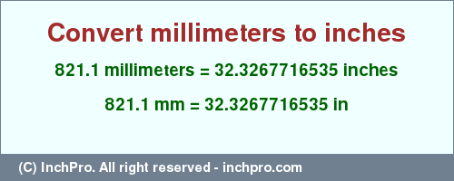 Result converting 821.1 millimeters to inches = 32.3267716535 inches