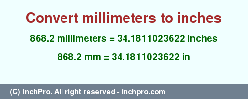 Result converting 868.2 millimeters to inches = 34.1811023622 inches