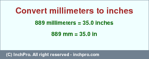 Result converting 889 millimeters to inches = 35.0 inches
