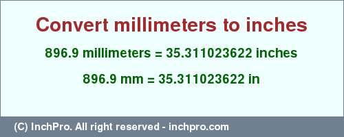 Result converting 896.9 millimeters to inches = 35.311023622 inches