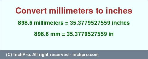 Result converting 898.6 millimeters to inches = 35.3779527559 inches