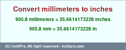 Result converting 905.8 millimeters to inches = 35.6614173228 inches
