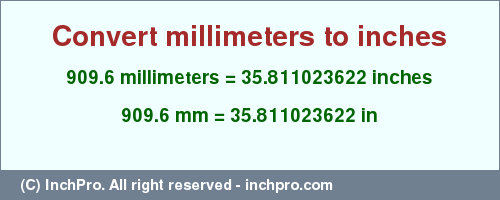 Result converting 909.6 millimeters to inches = 35.811023622 inches