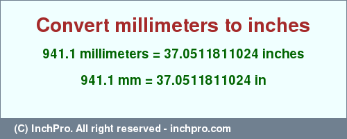 Result converting 941.1 millimeters to inches = 37.0511811024 inches
