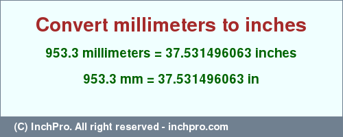 Result converting 953.3 millimeters to inches = 37.531496063 inches
