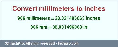 Result converting 966 millimeters to inches = 38.031496063 inches