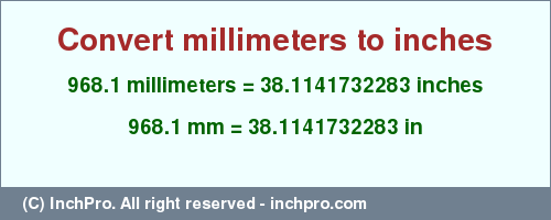 Result converting 968.1 millimeters to inches = 38.1141732283 inches