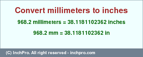 Result converting 968.2 millimeters to inches = 38.1181102362 inches