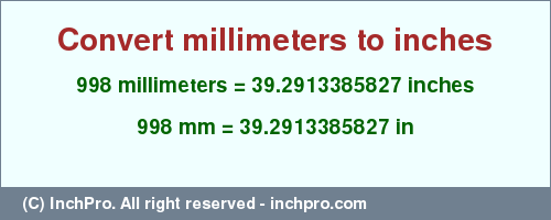 Result converting 998 millimeters to inches = 39.2913385827 inches