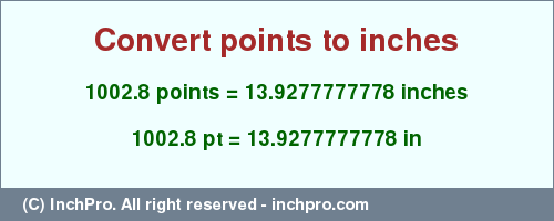 Result converting 1002.8 points to inches = 13.9277777778 inches