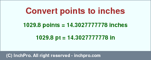 Result converting 1029.8 points to inches = 14.3027777778 inches