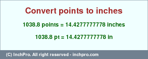 Result converting 1038.8 points to inches = 14.4277777778 inches