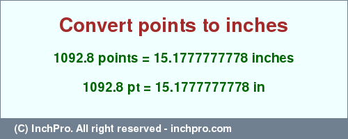Result converting 1092.8 points to inches = 15.1777777778 inches