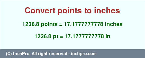 Result converting 1236.8 points to inches = 17.1777777778 inches