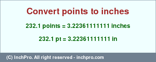 Result converting 232.1 points to inches = 3.22361111111 inches