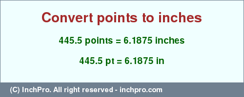 Result converting 445.5 points to inches = 6.1875 inches