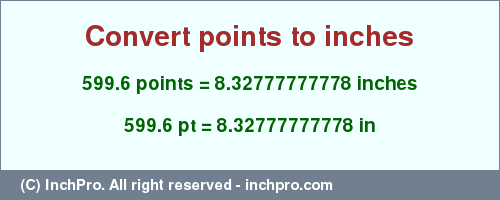 Result converting 599.6 points to inches = 8.32777777778 inches