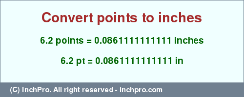 Result converting 6.2 points to inches = 0.0861111111111 inches