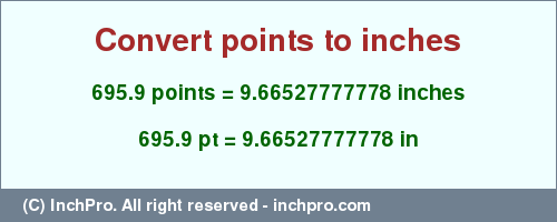 Result converting 695.9 points to inches = 9.66527777778 inches