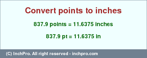 Result converting 837.9 points to inches = 11.6375 inches