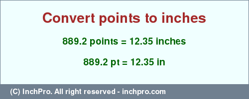 Result converting 889.2 points to inches = 12.35 inches
