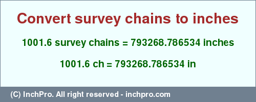 Result converting 1001.6 survey chains to inches = 793268.786534 inches