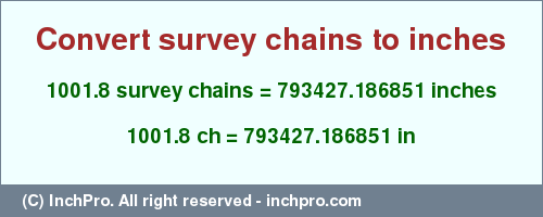 Result converting 1001.8 survey chains to inches = 793427.186851 inches