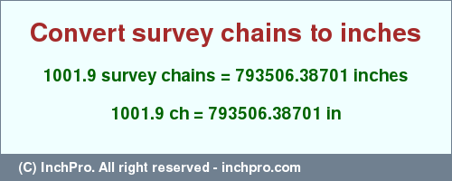 Result converting 1001.9 survey chains to inches = 793506.38701 inches