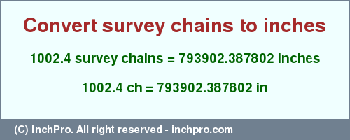 Result converting 1002.4 survey chains to inches = 793902.387802 inches