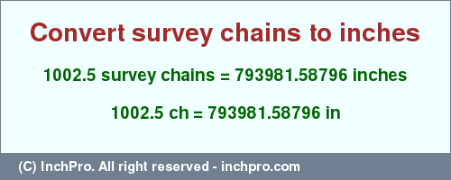 Result converting 1002.5 survey chains to inches = 793981.58796 inches